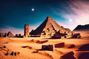 Fototapeta na wymiar fantasy desert scene with stone pyramid in the desert with a moon in the sky above it and a few brick ruins in the sand , generative AI