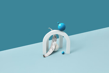 White arches with natural wood bark and spheres.