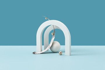 Platform with arches decorated with wood bark.