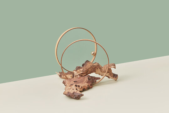 Creative composition of metal rings and dry wood.
