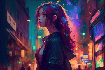 Beautiful young woman standing against colorful lights city background, fantasy, anime - generative ai