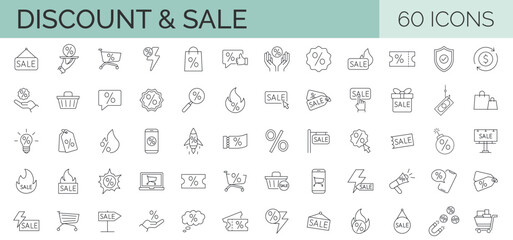 Set of 60 thin line vector icons related to discount, sale, black friday, promotion. 