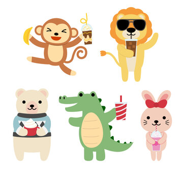 Big set of isolated animals. Vector collection funny animals. Cute animals drinking : domestic, crocodile, monkey, rabbit and lion in cartoon style. crocodile, monkey, rabbit
