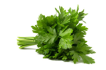 Aromatic parsley lies on a white background, isolated for quick selection.