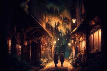A couple walking in alley at night, fantasy, anime - generative ai