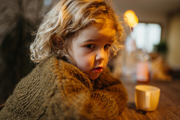 girl with blond curls looking worried at kitchen table