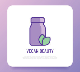Vegan beauty thin line icon: bottle with leaf. Herbal supplement. Modern vector illustration for organic shop.