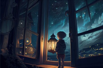 Fototapeta A little boy holding a lantern looking from the window at the night sky, fantasy, anime - generative ai obraz