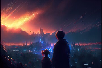 Father and his daughter looking at the abstract city  landscape, fantasy, anime - generative ai