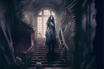 Female zombie standing on stairs in abandoned house, anime, fantasy - generative ai