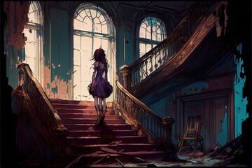 Female zombie standing on stairs in abandoned house, anime, fantasy - generative ai