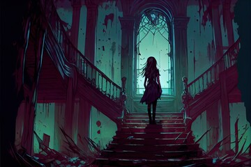Female zombie standing on stairs in abandoned house, anime, fantasy - generative ai