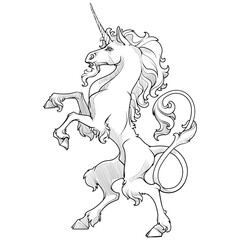 Heraldic unicorn walking on hind legs. Heraldic supporter a part of a Coat of Arms. line drawing isolated on white background. EPS10 vector illustration.