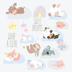Cute Cartoon Set with Cute Animals sleeping on Clouds