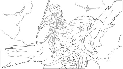 Fototapeta na wymiar A female knight riding a huge griffin flies through the sky at the head of other riders, she is in a plate armor with a cape and a spear, her bird screams with its beak open. 2d art