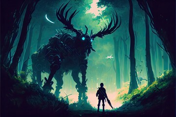 Fototapeta premium A futuristic soldier hunting a deer monster in the forest, anime, fantasy - generative ai