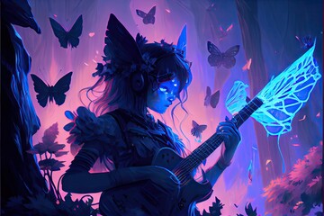 A fairy playing guitar surrounded by butterflies and blue glowing light, fantasy, anime - generative ai