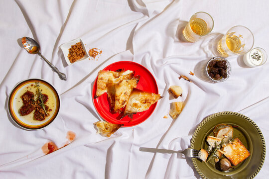 Food leftovers on a bedsheet