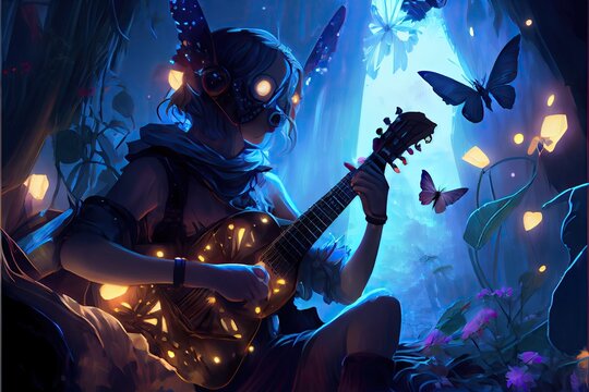 A fairy wearing a gas mask playing guitar surrounded by butterflies and blue glowing light, fantasy, anime - generative ai