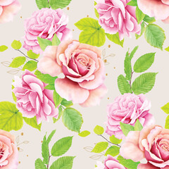 pink roses and leaves seamless pattern 
