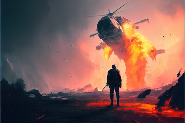 Fototapeta premium A soldier standing against a burning helicopter, fantasy, anime - generative ai