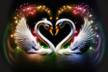 Beautiful couple of swans making a heart, colorful, Generative AI