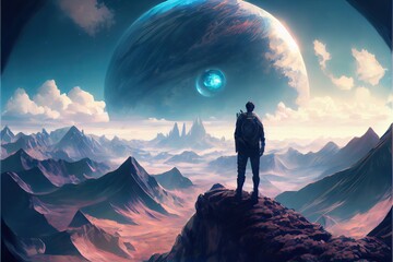 A man on top of mountain looking at another planet, fantasy, anime - generative ai