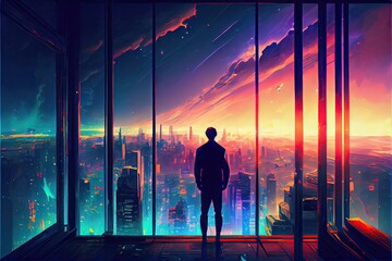 Man standing on balcony looking at a futuristic city landscape, fantasy, anime - generative ai