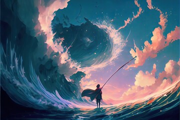 Wizard swirling the sea using his magic stick, anime, fantasy - generative, ai