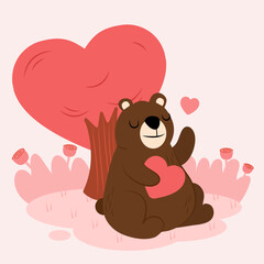 Vector cartoon style bear character emotions with love. Isolated with love and tree in background.