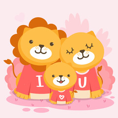 Cute Valentine's illustration family lion, sitting on the forest. celebrations vector with animals in valentine days.