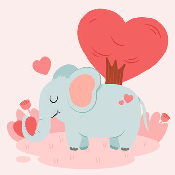 Cute elephant vector illustration, Vector image of elephant and heart on background with love