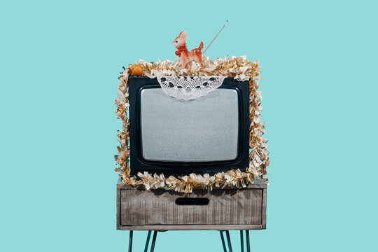 old television set ornamented for christmas