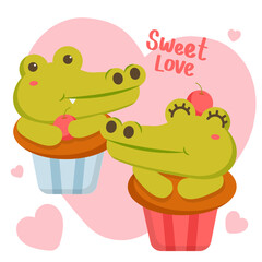 Cute Crocodile character sets, vector illustration of sweet love  story. With food in different pose