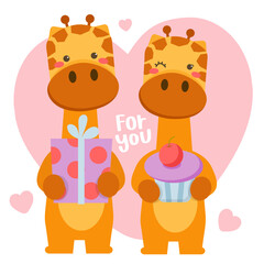 Giraffe isolated vector. Standing with gift in valentine love for each other in cute mood, background and love letter.