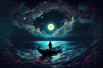 Night scenery of a man rowing a boat towards a giant moon, fantasy, anime - generative ai