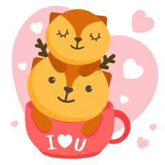 Little deer sitting on solder in different poses, The love of their heart in valentine celebration.