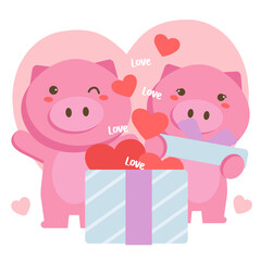 Collection of funny pig emoticon characters in different emotions. Love with gift in white background.