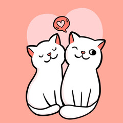 Valentine's celebration. Doodle two cats couple in a heart shape background. Romantic vector. Celebration poster. Be mine.