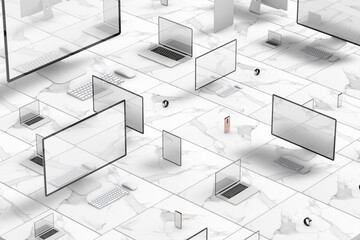 Electronic devices lined up on a grid