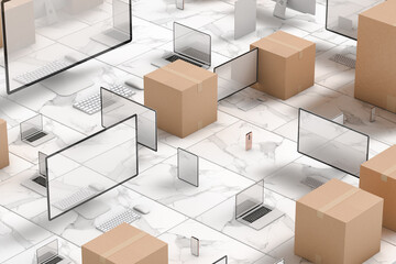 Electronic devices next to cardboard boxes