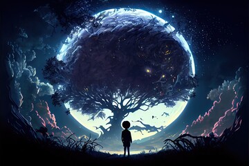 Night scenery of a boy looking at a strange light ball in a forest, anime, fantasy - generative ai