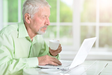 old businessman working on laptop in office