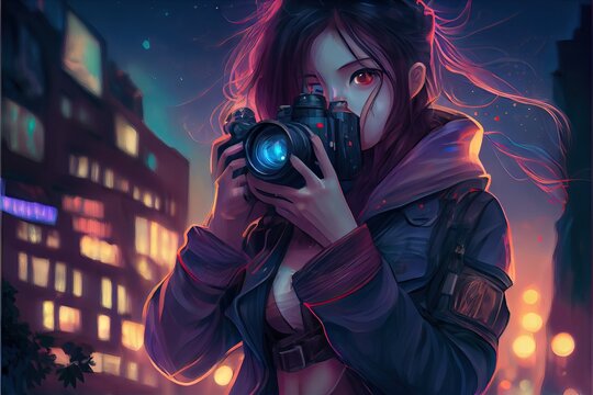 Woman with camera on the night city, anime, fantasy - generative ai
