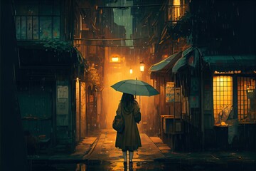 Woman holding umbrella standing alone in abandoned city on a rainy winter night, fantasy, anime - generative ai