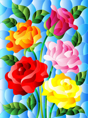 Illustration in stained glass style with a bouquet of bright roses on a blue background, rectangular image