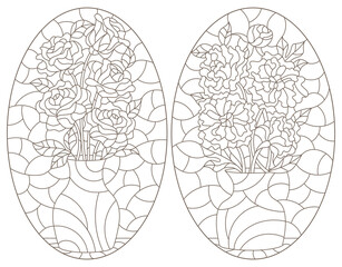 Set of contour illustrations in stained glass style with floral still lifes roses and peony, dark contours on a white background