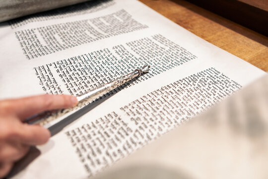 Synagogue: Anonymous Man Using Pointer While Reading From Torah