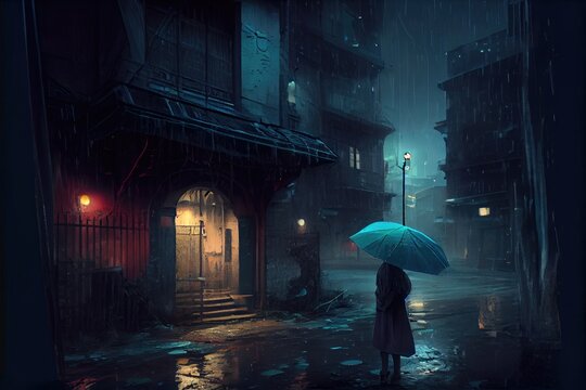 Woman holding umbrella standing alone in abandoned city on a rainy winter night, fantasy, anime - generative ai
