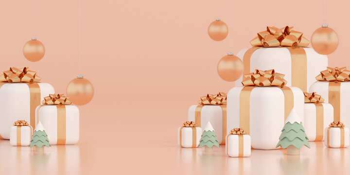 Christmas gifts, balls and trees 3D 